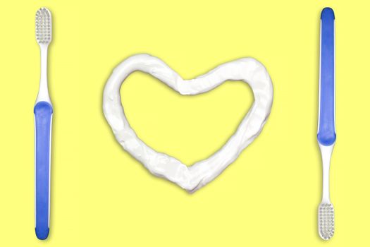 Toothbrush and heart shaped toothpaste. Concept for Healthy Dental Campaign. We love to brush our teeth. Isolate on yellow background.