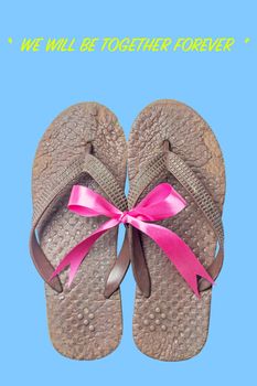 Old sandals on isolate blue background. Brown slippers with pink bow. Concepcion is we will be together forever.