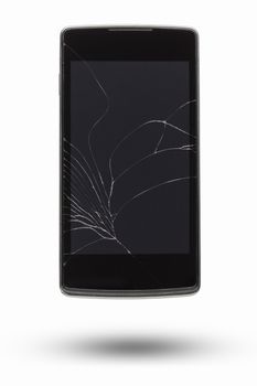 The mobile phone was dropped, the screen broken on a white background.