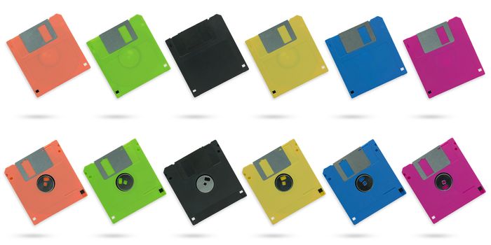 Set of multicolour diskette on isolate white background with clipping path.