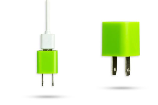 Green power adapter charger and white usb cable on isolate white background with clipping path.