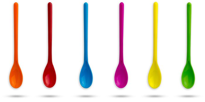 Set of multicolour plastic spoons on isolate white background with clipping path.