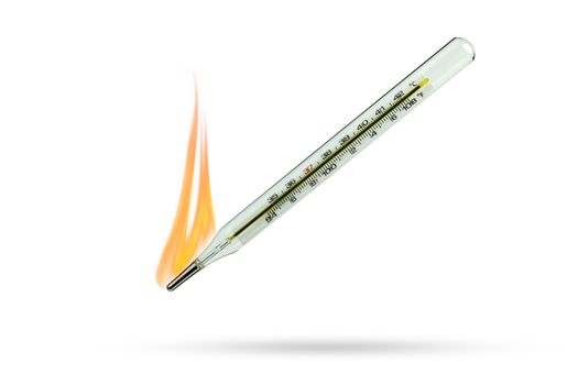 The fire is burning Thermometer on white background. The concept of high fever.