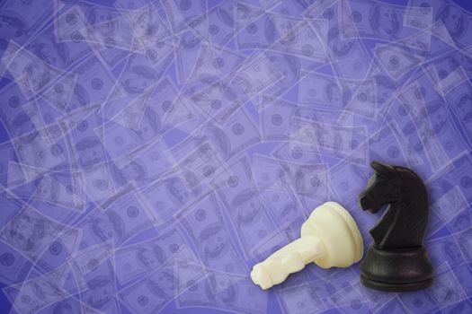 Knight of the chess on the dollar flying background. The concept of business planning games.