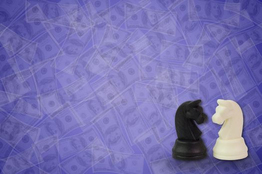Knight of the chess on the dollar flying background. The concept of business planning games.