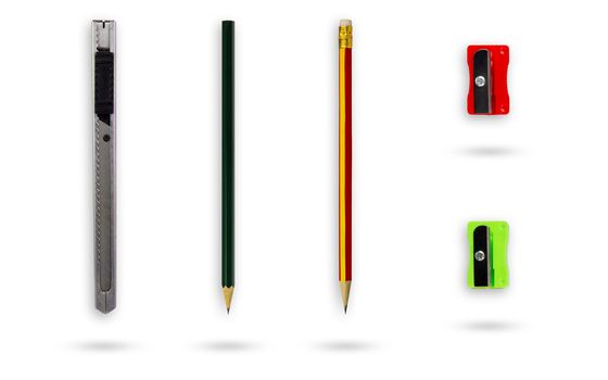 Set of the writing instrument or device consists of a pencil sharpener and a stainless cutter. Isolate on white background with clipping path.
