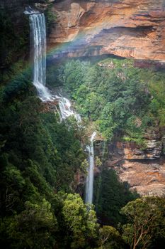 After rain and fog all day the clouds parted briefly for some sun and a rainbow at Katoomba Falls
