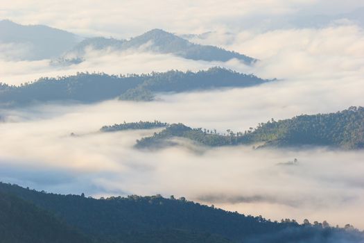 The fog moves along the mountains in the morning and the sunlight in winter.