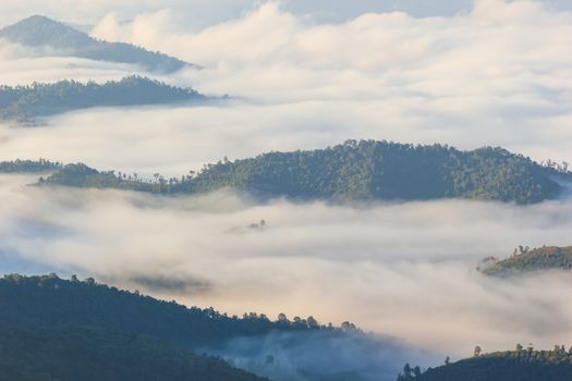 Fog moves along the mountains in the morning and the sunlight in winter.