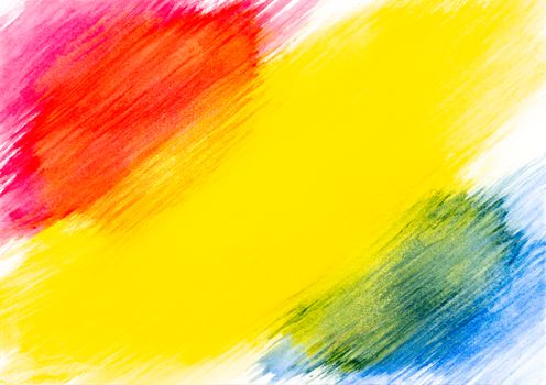 Abstract red yellow and blue watercolor painted on white paper background.