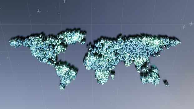 World map of cubes. 3D illustration. Cubes and glow elements on dark background