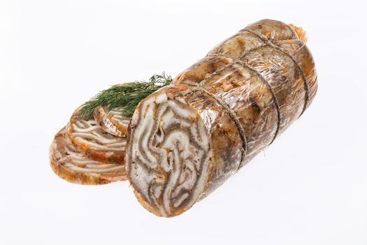 Sausage with greenery on an isolated studio background
