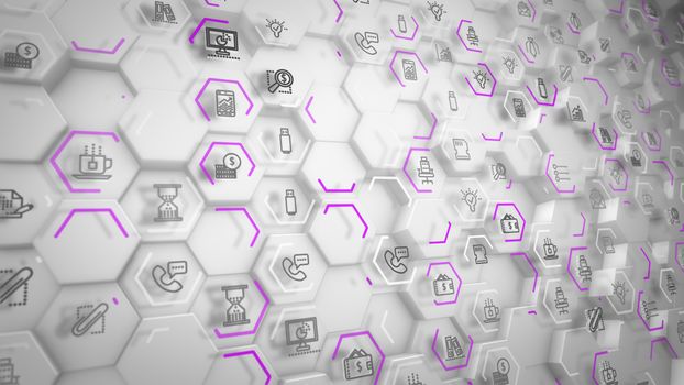 Innovative 3d illustration of business hexagons with computer signs of coffee, phone, texting connected with each other and placed aslant in the grey background. They look cheery.