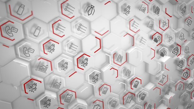 Cheery 3d illustration of business hexagons with computer signs of envelopes, phones, texts, connected with each other through pink lines in the grey backdrop. It looks optimistic.