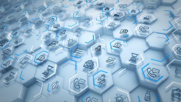 Optimistic 3d illustration of business hexagons with computer signs of screens, phones, texts, linked with each other through blue lines in the white backdrop in a cheery way.