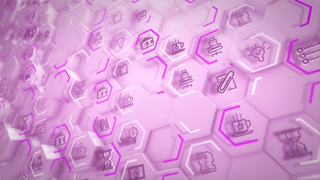 Cheerful 3d illustration of business hexagons with computer symbols of screens, sandglasses, linked with each through rosy lines in the white backdrop in an optimistic way.