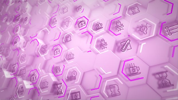 Cheerful 3d illustration of business hexagons with computer symbols of screens, sandglasses, linked with each through rosy lines in the white backdrop in an optimistic way.