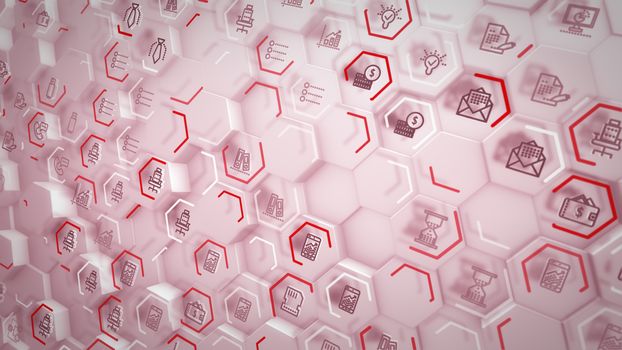 Splendid 3d illustration of business hexagons with pc symbols of staples, screens, hourglasses, linked with each other trough purple stripes in the pink backdrop in a funny way.