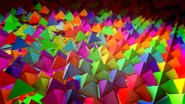 Cheerful 3d illustration of multicolored pyramids located on a flat surface horizontally in straight and long rows with their sharp tops aimed up. It looks wonderful, childish and hilarious.