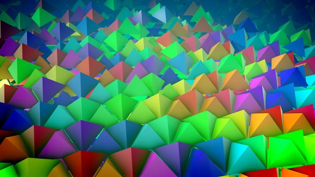 Childish 3d rendering of rainbow pyramids placed on a slanted surface in straight and long lines with their sharp tops aimed up in the blue background. It looks optimistic and innovative