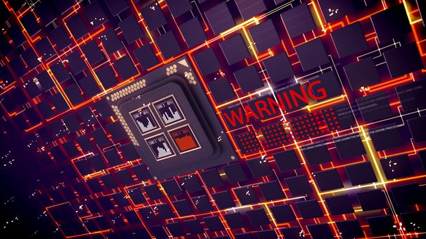 Innovative 3d illustration of CPU electronic squares with bar charts. Cubic devices are connected with orange communication slines and a warning sign in the black backdrop put aslant