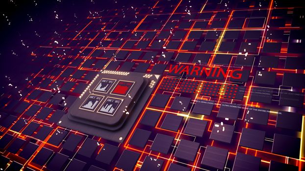 Holographic 3d rendering of CPU squares with playing bar charts and flying dots. Cubic devices are connected with orange communicative lines and allarming sign in the black backdrop.