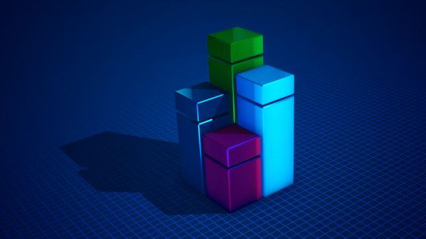 Stunning 3d illustration of four cubic squares of blue, green, celeste and pink colors forming a chart put on a light blue surface with a network. It looks optimistic, perfect and arty.