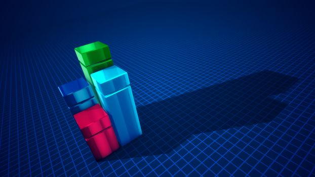 Multilayered 3d illustration of four cubic columns of blue, green, celeste and rosy colors forming a chart in the blue background with network put askew. It looks businesslike and optimistic.