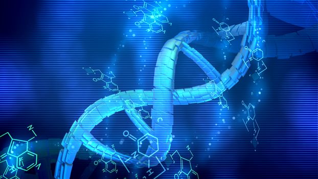 Stunning 3d illustration of a spiral looking DNA spinning around its axis in the light blue background being placed diagonally. Chemical formulas are spinning nearby too.