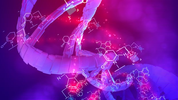 Splendid 3d illustration of a coil looking DNA rotating around its axis in the blue and rosy background placed aslant. Chemical formulas are spinning around cheerfully too.