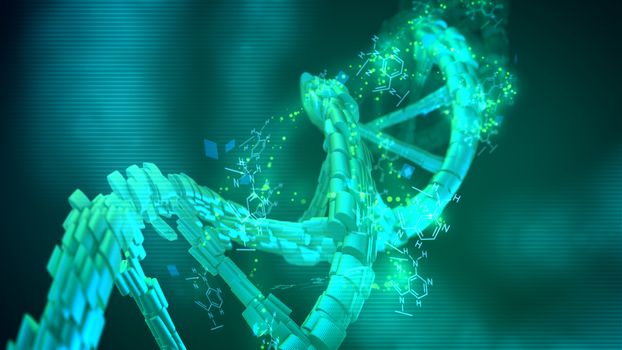 Wonderful 3d illustration of a convex spiral DNA turning around its axle in the blue and green backdrop put aslant. Geometric formulas and squares rotating cheerfully.