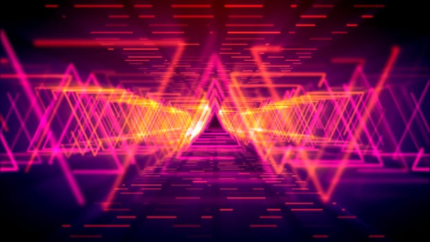 Hi-tech 3d illustration of sparkling yellow triangles forming long and straight passages for flying objects in the pink cyber reality. It resembles futuristic time portals.