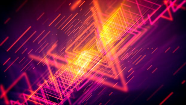 Striking 3d illustration of glittering yellow and pink triangles forming lengthy and straight tubes for flying objects in the violet cyber reality. It looks like puzzling time portals