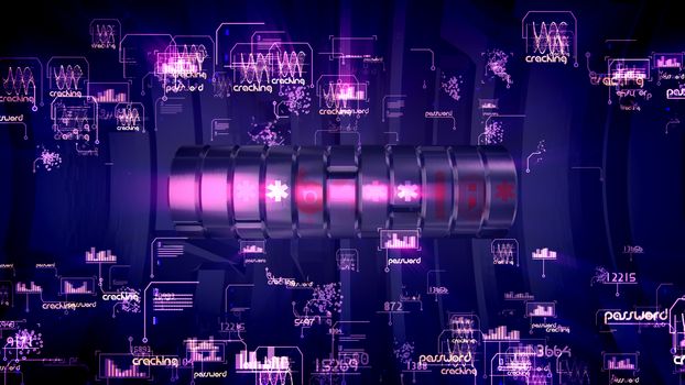 Solid 3d illustration of a spinning metallic password piston with shimmering digits, words and diagrams in the violet background. It looks reliable, optimistic and hi-tech.