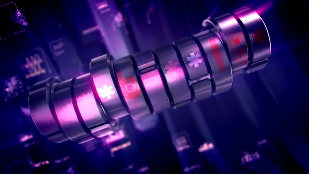 Cheerful 3d illustration of a crankshaft looking metallic password piston with six-angled stars, digits, words and charts in the violet background. It looks hi-tech, innovative and fine.