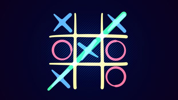 Cheerful 3d illustration of a noughts and crosses play with a white grid, pink and celeste figures, a winning diagonal end and a line in the blue background. It looks funny ond interesting.