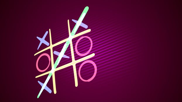 Astonishing 3d illustration of a tic tac toe game with a white grid, pink and celeste figures, a winning diagonal end and a long line in the purple background put askew. It looks funny.