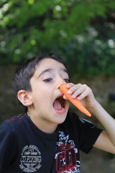 Expressive little boy making grimace and showing long nose with carrot standing outdoors