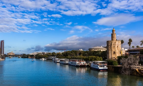 Seville, Spain - July 15, 2017: Seville is the capital of the autonomous community of Andalusia in southern Spain. Streets and sights of the city architecture.