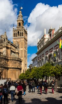 Seville, Spain - July 15, 2017: Seville is the capital of the autonomous community of Andalusia in southern Spain. Streets and sights of the city architecture.