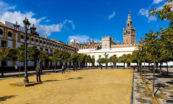 Seville, Spain - July 15, 2017: Seville is the capital of the autonomous community of Andalusia in southern Spain. Streets and sights of the city architecture.
