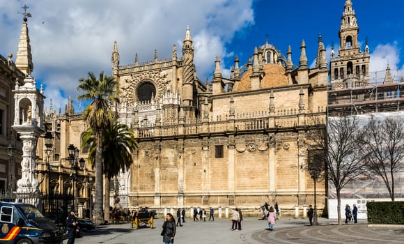 Seville, Spain - July 15, 2017: Seville is the capital of the autonomous community of Andalusia in southern Spain. Streets and sights of the city architecture.