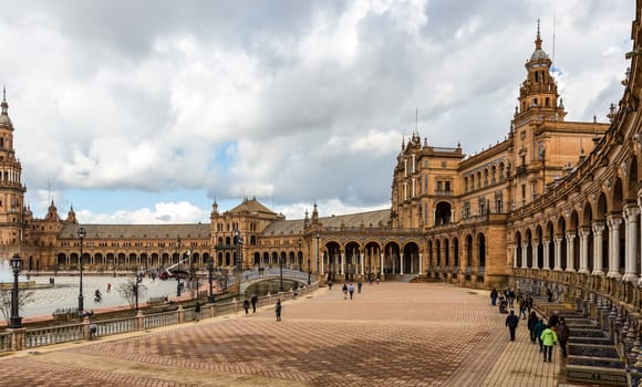Seville, Spain - July 15, 2017: Seville is the capital of the autonomous community of Andalusia in southern Spain. Streets and sights of the city architecture.