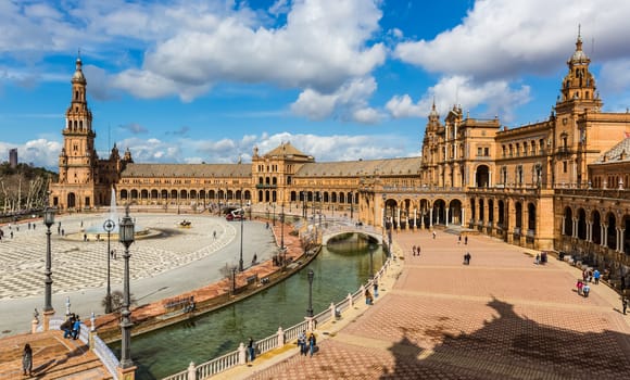 Seville, Spain - July 15, 2017: Seville is the capital of the autonomous community of Andalusia in southern Spain. Streets and sights of the city architecture.