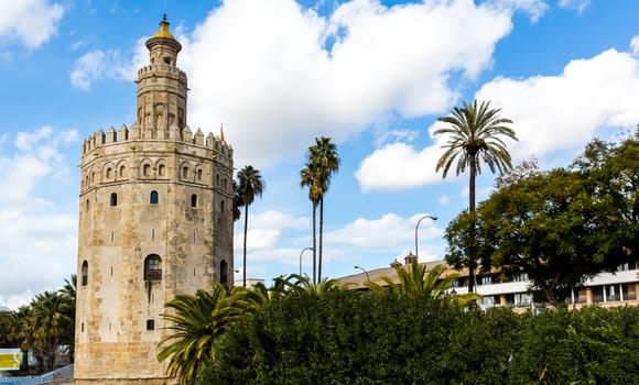 Seville, Spain - July 15, 2017: Seville is the capital of the autonomous community of Andalusia in southern Spain. Streets and sights of the city architecture.