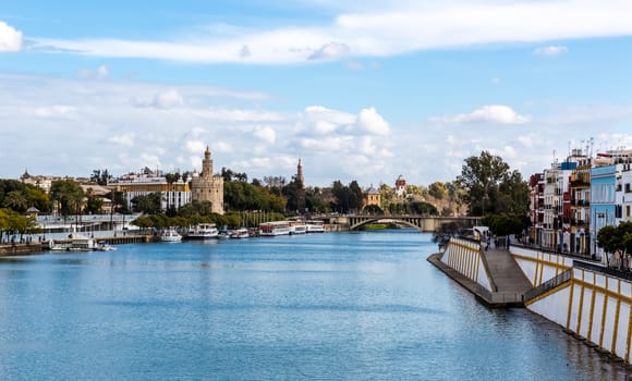 Seville, Spain - July 15, 2017: Seville is the capital of the autonomous community of Andalusia in southern Spain. Streets and sights of the city architecture.