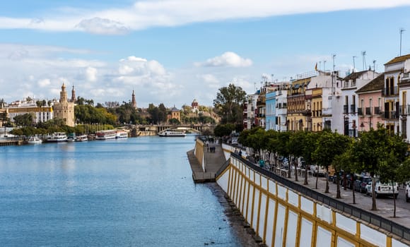 Seville, Spain - July 15, 2017: Seville is the capital of the autonomous community of Andalusia in southern Spain. Streets and sights of the city architecture.