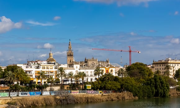 Seville, Spain - July 15, 2017: Seville is the capital of the autonomous community of Andalusia in southern Spain. Streets and sights of the city architecture.