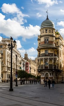 Seville, Spain - July 15, 2017: Seville is the capital of the autonomous community of Andalusia in southern Spain. Streets and sights of the city architecture.