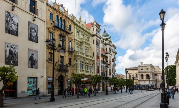 Seville, Spain - July 15, 2017: Seville is the capital of the autonomous community of Andalusia in southern Spain. Streets and sights of the city architecture.